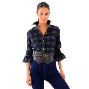 Gretchen Scott Priss Black Watch Plaid Ruffle Sleeve Button Down Shirt Small